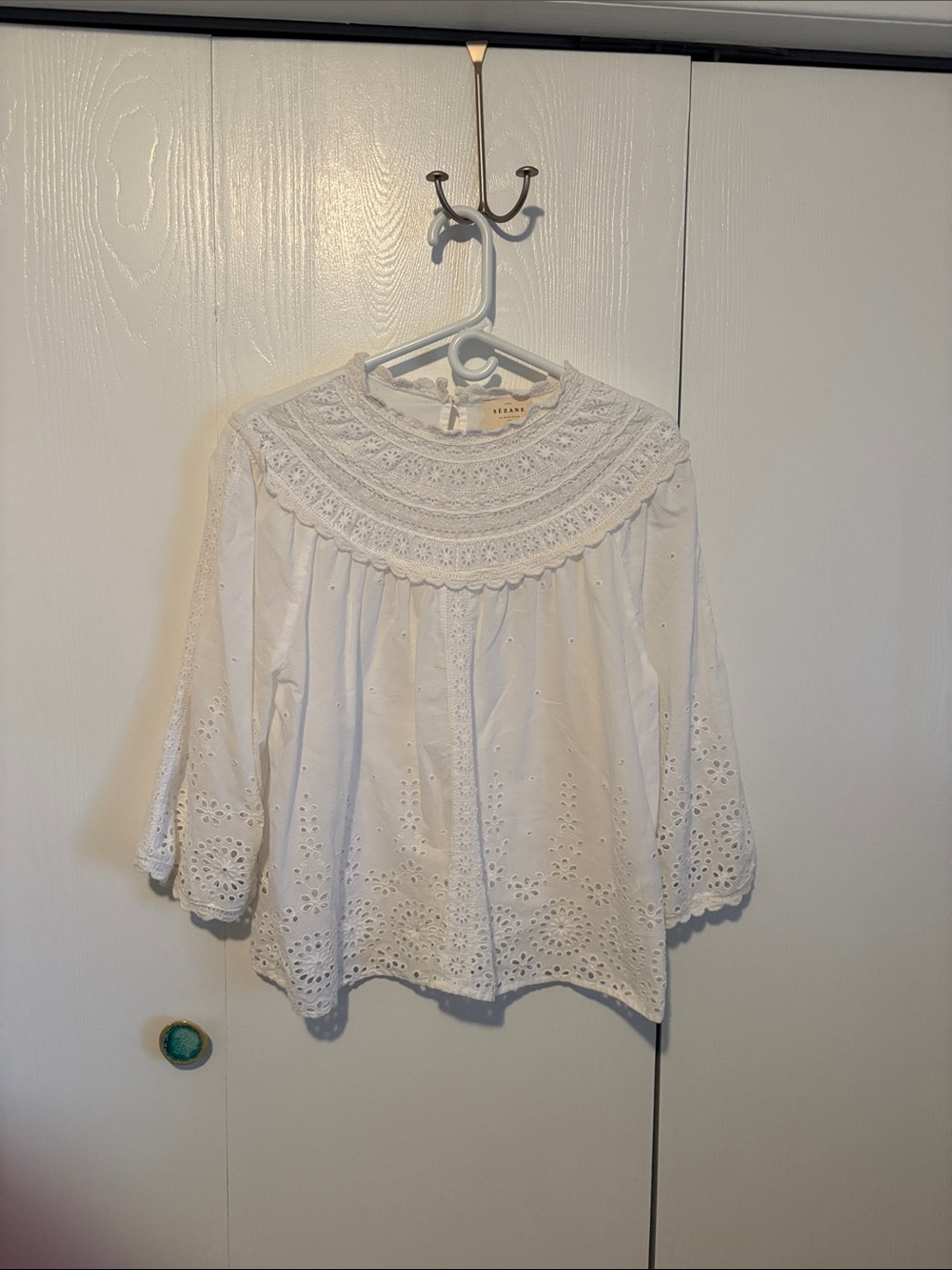Sézane White Eyelet Yoke Peasant Blouse